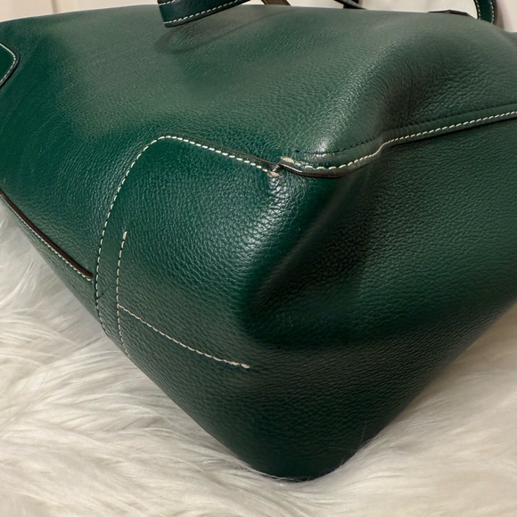 Tory Burch Perry Pebbled Leather in Green/Pink Reversible Laptop Bag Tote EUC - Picture 9 of 16